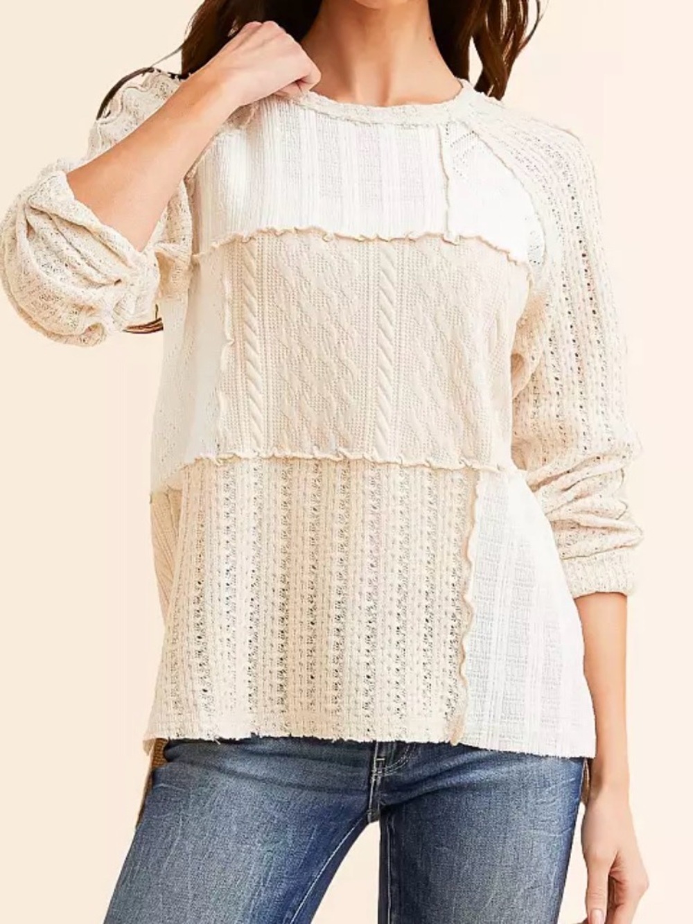 BKE Neutral Patchwork Knit Pullover in Cream & Beige size large